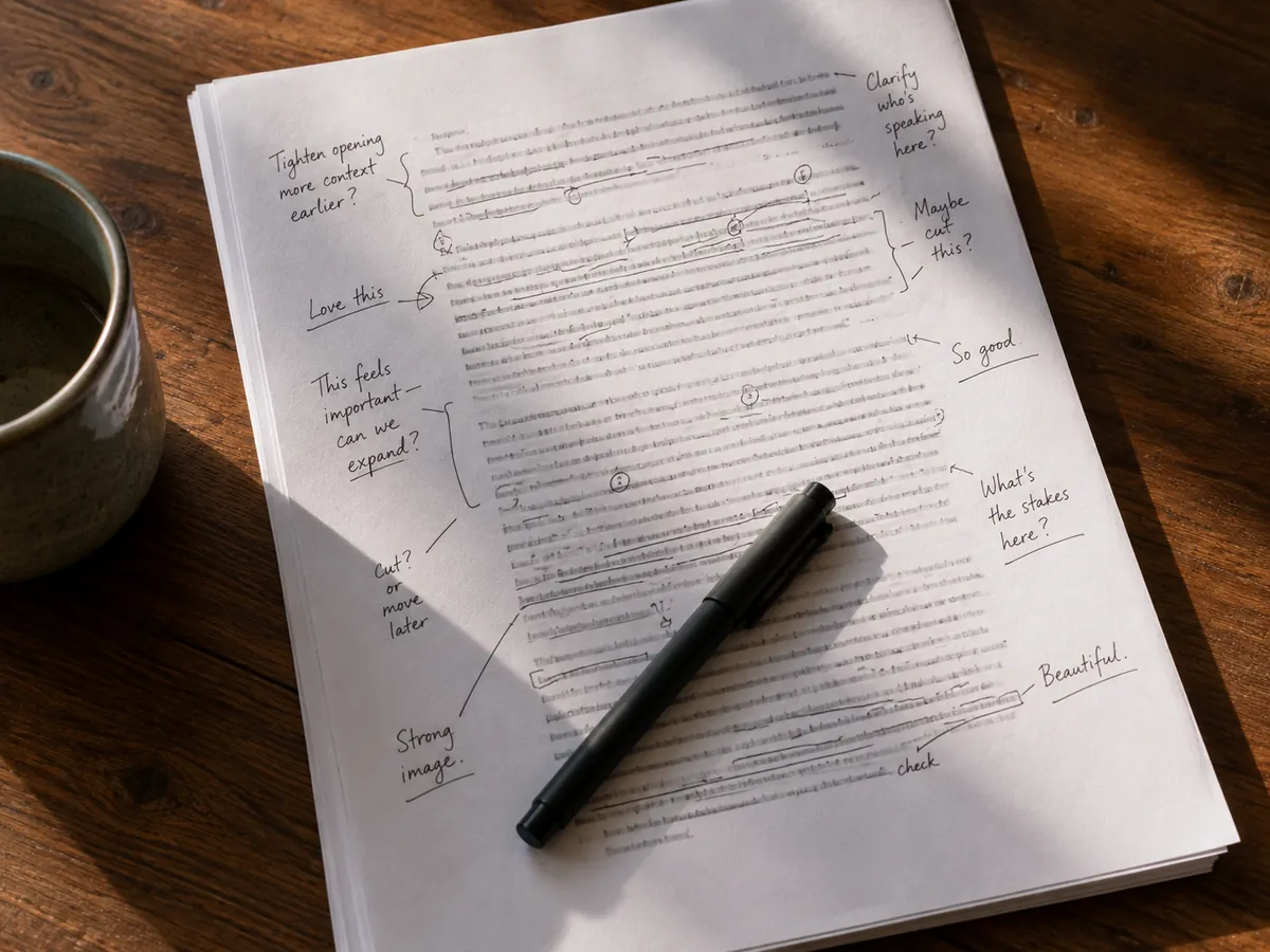 Manuscript page covered in handwritten editorial notes with a felt-tip pen resting across it