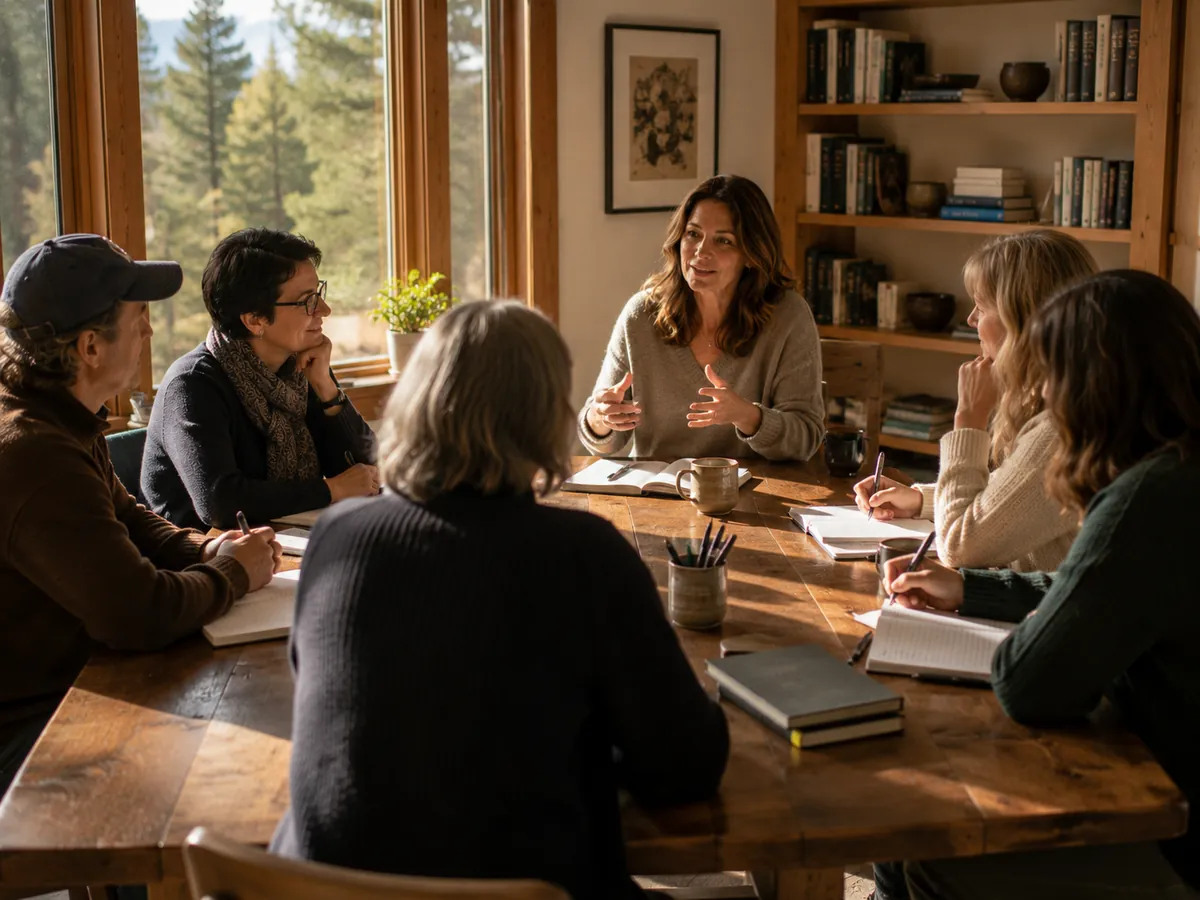 Six writers seated around a large wooden table with open notebooks, one mid-sentence